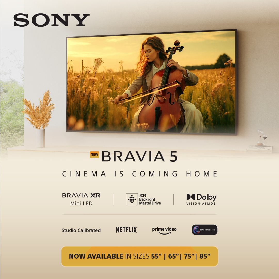 Big on entertainment, easy to love.
Introducing the new Sony BRAVIA 5: stunning visuals, immersive sound, and lifelike contrast powered by the XR Processor.
More than a TV, it’s your cinematic experience, reimagined. #CinemaIsComingHome

Learn more on: sony-mea.com/en/bravia/prod…