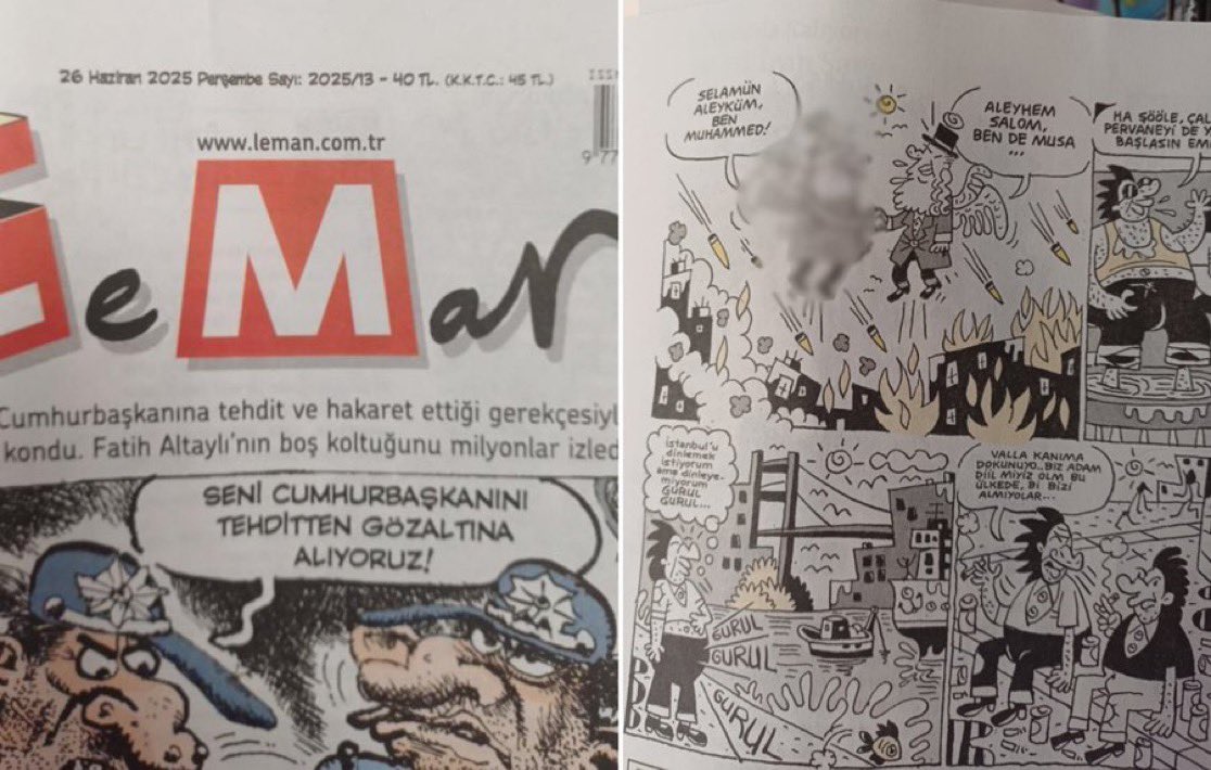 YETER ARTIK!
Bunun adı mizah veya fikir özgürlüğü değil, sanat değil.. 
bunun adı alçaklık, bunun adı kahpelik, bunun adı şerefsizlik!
*
Bu paçavra kapatılmalı ve milletimizi proveke eden ekibi de ibret’i alemlik cezaya çarptırılmalıdır.

#lemandergisikapatılsın İslam,

  #deprem