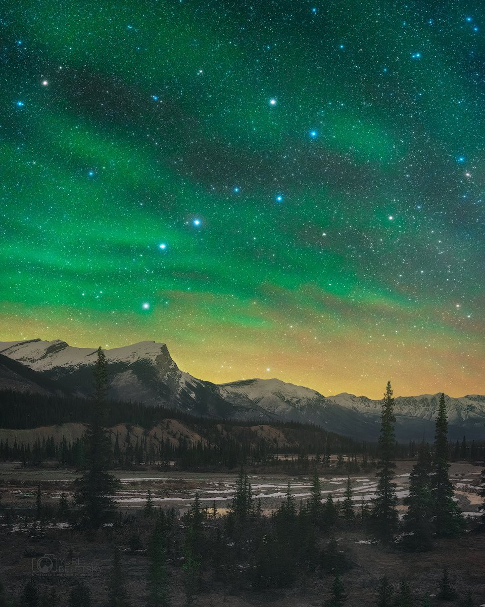 YBeletsky's tweet image. ‼️✨ I captured this stunning green airglow lights up the night sky over the mountains at Saskatchewan River Crossing, Alberta, Canada 🇨🇦 Amazing wavy structure ! The Big Dipper shines brightly above 🌌