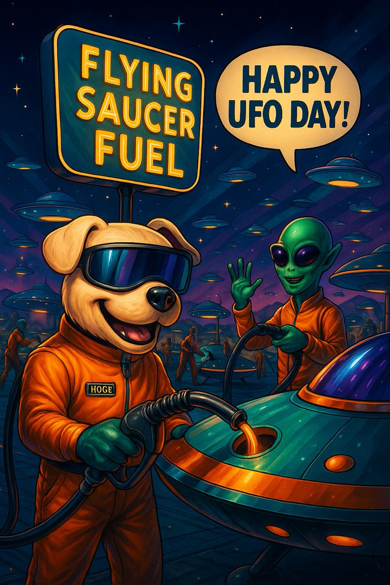 👽✨ Happy World UFO Day! Time to look up, sip your morning coffee, and wonder what’s floating out there. Keep your eyes on the skies—and your heart open for big possibilities! #WorldUFODay  

#HOGE #ETH #SOL #BASE #COMMUNITY #MEMES 
#Collaboration #abundance #UFO #DISCLOSURE