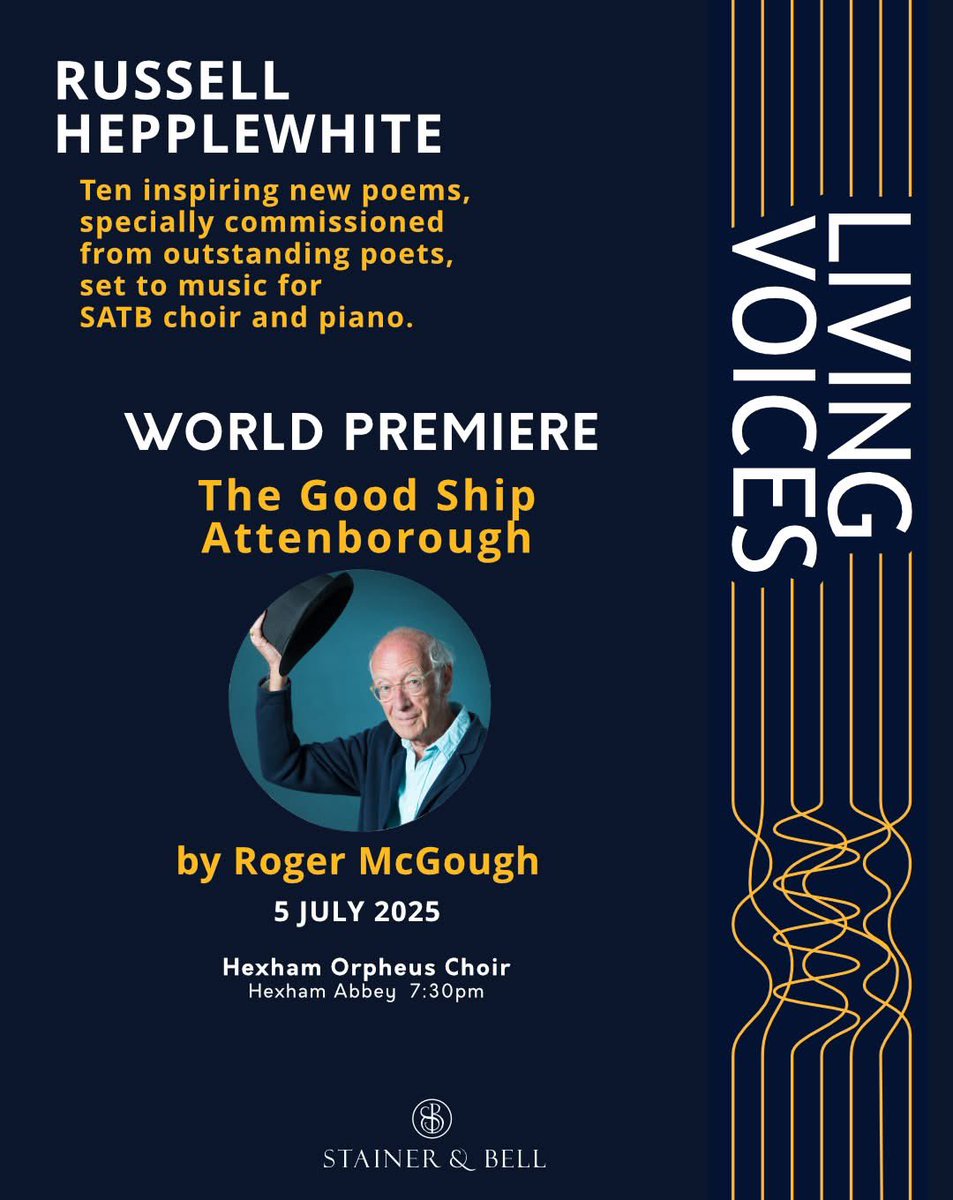 Fran Wilson πΉπ (@crosseyedpiano) on Twitter photo A trio of world premieres this Saturday as choirs perform <a href="/RussHepplewhite/">Russell Hepplewhite πͺπΊ</a>βs settings of poems by <a href="/jamilaji/">Jamila Gavin</a>, Mona Arshi & <a href="/McgoughRoger/">Roger Mcgough</a>, from his wonderful Living Voices series <a href="/stainerandbell/">Stainer & Bell</a>
<a href="/BirminghamBach/">Birmingham Bach Choir</a> <a href="/HexhamOrpheus/">Hexham Orpheus Choir</a>
Full details here stainer.co.uk/living-voices/ A trio of world premieres this Saturday as choirs perform <a href="/RussHepplewhite/">Russell Hepplewhite πͺπΊ</a>βs settings of poems by <a href="/jamilaji/">Jamila Gavin</a>, Mona Arshi & <a href="/McgoughRoger/">Roger Mcgough</a>, from his wonderful Living Voices series <a href="/stainerandbell/">Stainer & Bell</a>
<a href="/BirminghamBach/">Birmingham Bach Choir</a> <a href="/HexhamOrpheus/">Hexham Orpheus Choir</a>
Full details here stainer.co.uk/living-voices/