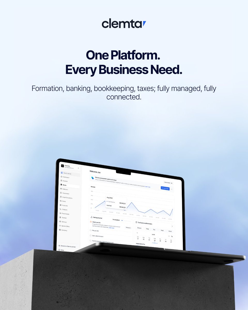 Manage your entire U.S. business in one place. 🇺🇸

From company formation and banking to bookkeeping and tax filings, everything is fully managed and seamlessly connected on Clemta.

✔️ No paperwork
✔️ Everything handled, end to end
✔️ Always on time, always compliant

Start,