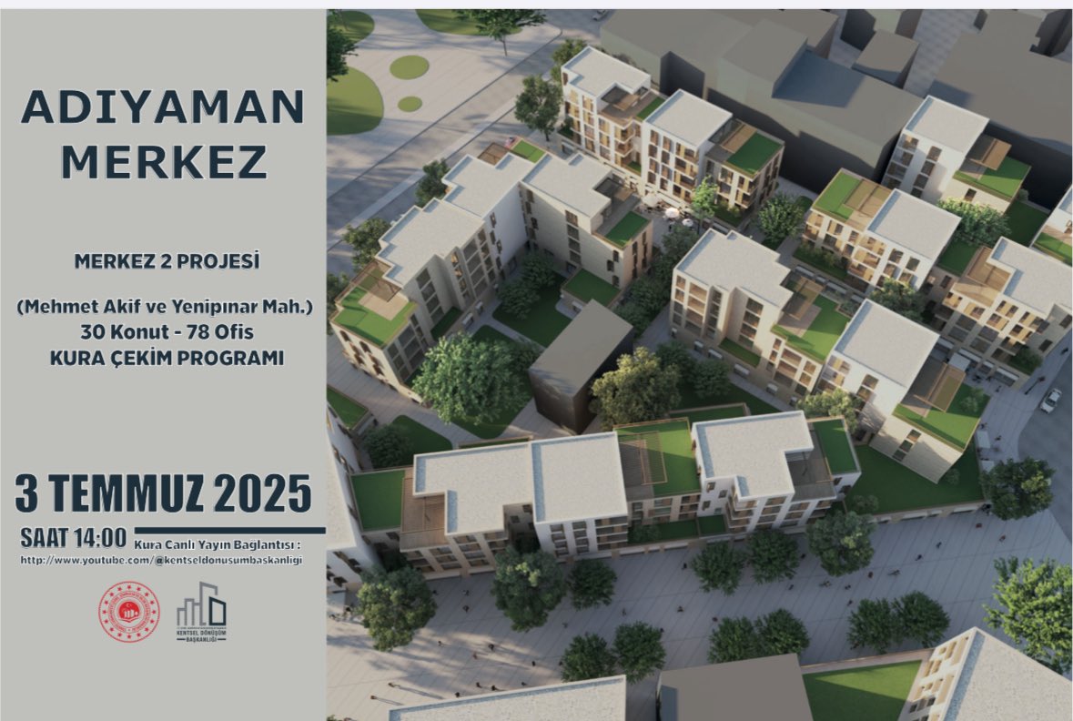 📍 Adıyaman’da Kura Çekimi Günü

3 Temmuz 2025 Perşembe günü;

🕙 Saat 14.00’te Adıyaman Merkez;
Mehmet Akif ve Yenipınar Mahallelerinde hayata geçirilen, Merkez 2 Projesi kapsamında inşa edilen 30 konut ve 78 ofisin hak sahipleri kura çekimi ile belirlenecektir.

🎥 Kura