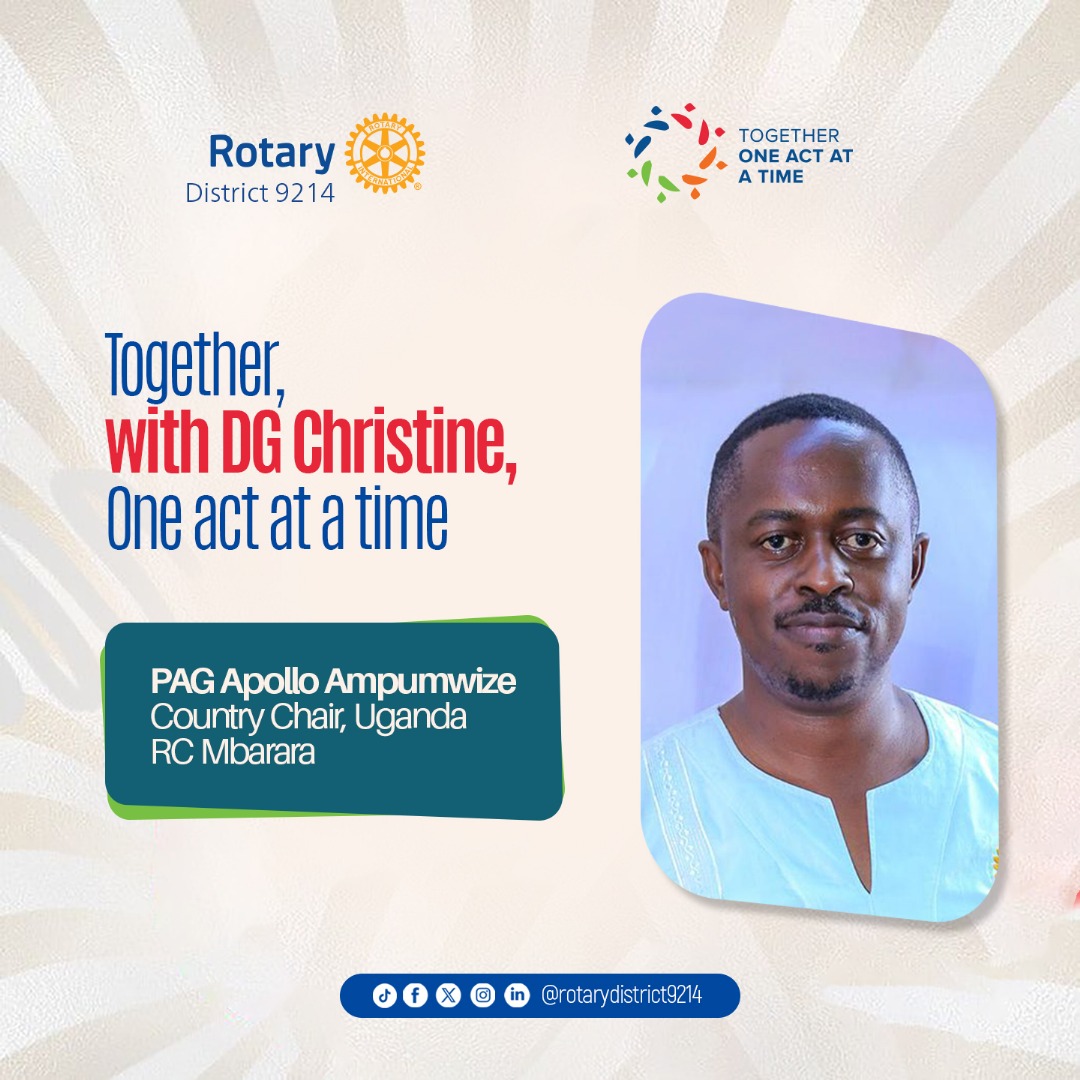 Country Chair – Uganda
PAG Apollo Ampumwizw of RC Mbarara, Championing Rotary’s mission across Uganda, our Country Chair leads clubs with vision, supporting impactful service and growth. A pillar of strength for Rotarians in Uganda.
#TogetherOneActAtATime