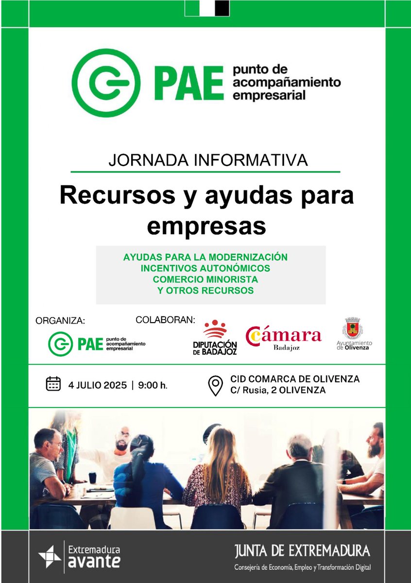 EL Punto de Acompañamiento Empresarial de <a href="/econoempleoEXT/">Economía, Empleo y Transformación Digital</a> organiza una Jornada Informativa sobre "Recursos y ayudas para empresas". Colaboran <a href="/DipdeBadajoz/">Diputación de Badajoz</a> <a href="/CamaradeBadajoz/">Cámara de Comercio de Badajoz</a> <a href="/DeOlivenza/">Ayuntamiento de Olivenza</a> 

🏢 CID Comarca de Olivenza
🕘09:00
📅04/07/25