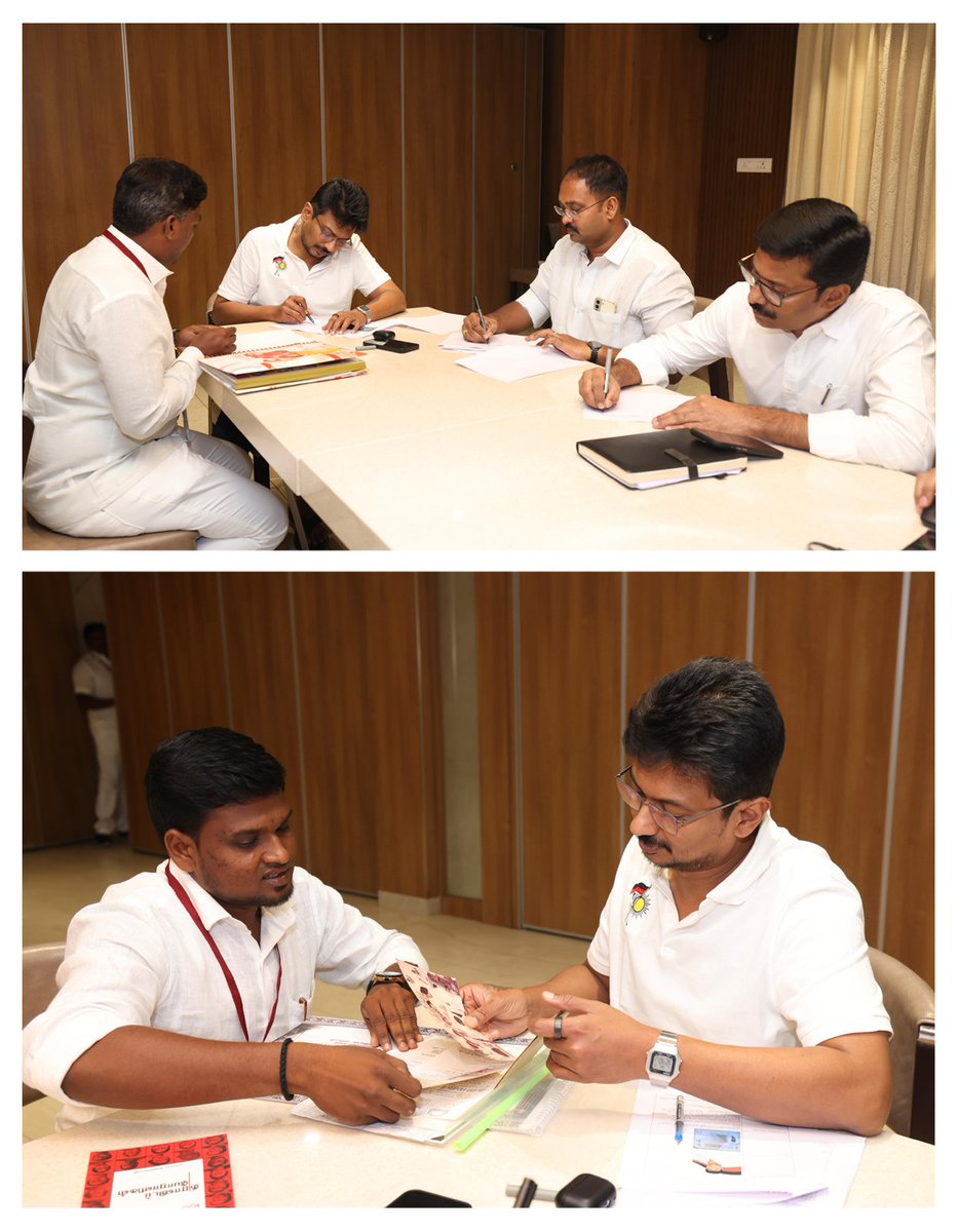 Udhaystalin's tweet photo. கழக இளைஞர் அணி நிர்வாகிகளுக்கு, சமூக வலைதளப் பயிற்சியளிக்கவும் அவர்களின் சமூக வலைதளம் சார்ந்த பணிகளை ஒருங்கிணைக்கவும் தலைமைக் கழகத்தின் ஒப்புதலுடன் கழகத் தலைவர் @mkstalin அவர்களின் வழிகாட்டுதலில், கழக மாவட்டத்துக்கு ஒருவர் என அனைத்து மாவட்டங்களிலும் @dmk_youthwing  துணை அமைப்பாளர்கள் நியமிக்கப்படவுள்ளனர்.

அந்த வகையில், இராணிப்பேட்டை, திருப்பத்தூர், வேலூர், திருவண்ணாமல��� வடக்கு, திருவண்ணாமலை தெற்கு மாவட்ட சமூக வலைதளத் துணை அமைப்பாளர் பொறுப்புகளுக்கு விண்ணப்பித்திருந்தவர்களை, மாநில துணைச் செயலாளர் சகோதரர்  @Prabhugajendran முன்னிலையில் இன்று நேர்காணல் செய்தோம்.

அவர்களின் சமூக வலைதளப் பக்கங்களைப் பார்வையிட்டு, அவர்கள் இதுவரை ஆற்றியுள்ள கழகப் பணிகள் குறித்து கேட்டறிந்ததுடன், அவர்கள் கொண்டு வந்திருந்த மினிட் புத்தகங்களையும் ஆய்வு செய்து, பணி சிறக்க ���ாழ்த்தினோம்.

#கழக_இளைஞர்_அணி 
@CNAnnaduraiMP @EaswarappanMLA  @Vadivel42729915 @rajaingersal3 @EverestNaresh