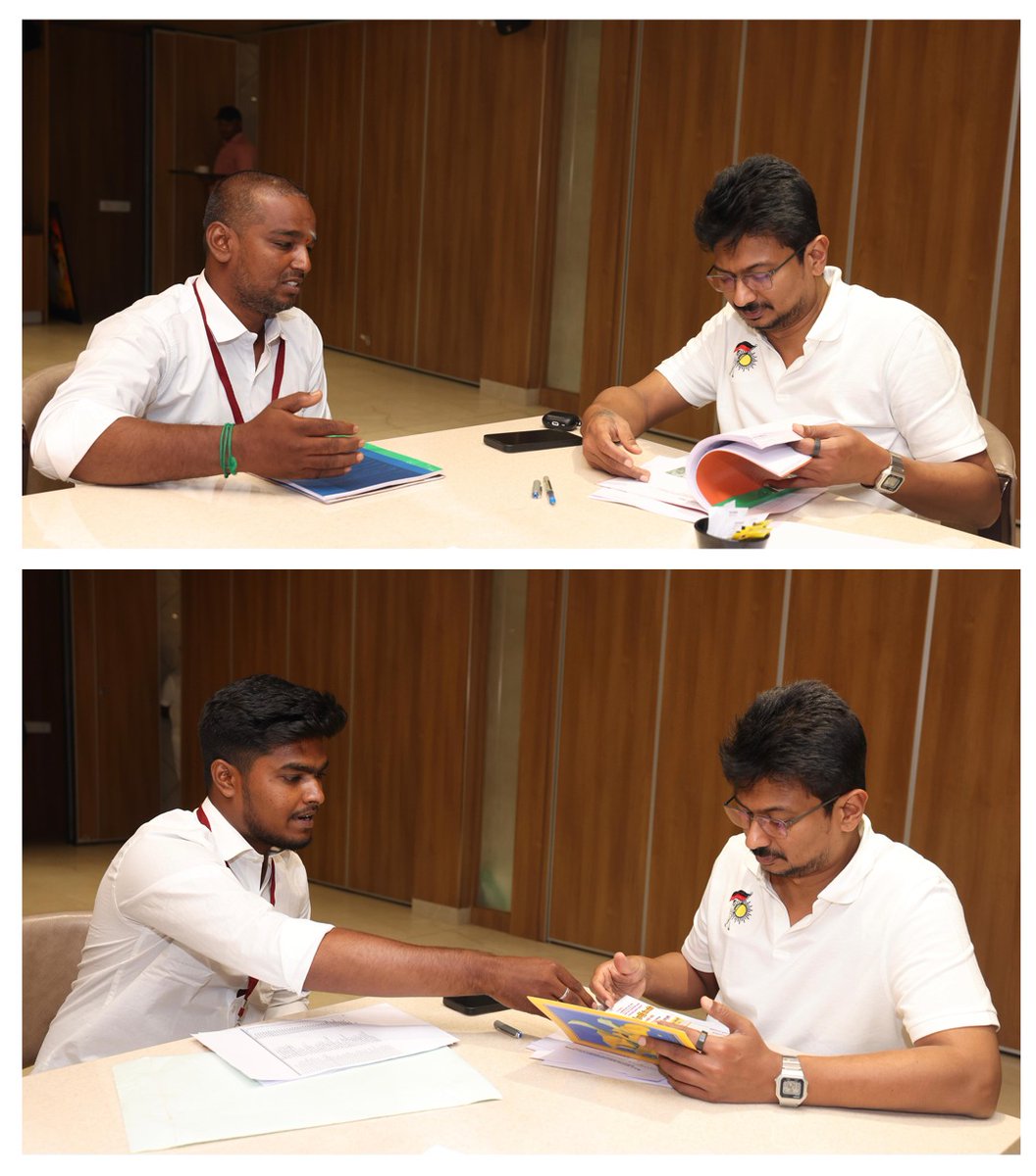 Udhaystalin's tweet photo. கழக இளைஞர் அணி நிர்வாகிகளுக்கு, சமூக வலைதளப் பயிற்சியளிக்கவும் அவர்களின் சமூக வலைதளம் சார்ந்த பணிகளை ஒருங்கிணைக்கவும் தலைமைக் கழகத்தின் ஒப்புதலுடன் கழகத் தலைவர் @mkstalin அவர்களின் வழிகாட்டுதலில், கழக மாவட்டத்துக்கு ஒருவர் என அனைத்து மாவட்டங்களிலும் @dmk_youthwing  துணை அமைப்பாளர்கள் நியமிக்கப்படவுள்ளனர்.

அந்த வகையில், இராணிப்பேட்டை, திருப்பத்தூர், வேலூர், திருவண்ணாமல��� வடக்கு, திருவண்ணாமலை தெற்கு மாவட்ட சமூக வலைதளத் துணை அமைப்பாளர் பொறுப்புகளுக்கு விண்ணப்பித்திருந்தவர்களை, மாநில துணைச் செயலாளர் சகோதரர்  @Prabhugajendran முன்னிலையில் இன்று நேர்காணல் செய்தோம்.

அவர்களின் சமூக வலைதளப் பக்கங்களைப் பார்வையிட்டு, அவர்கள் இதுவரை ஆற்றியுள்ள கழகப் பணிகள் குறித்து கேட்டறிந்ததுடன், அவர்கள் கொண்டு வந்திருந்த மினிட் புத்தகங்களையும் ஆய்வு செய்து, பணி சிறக்க ���ாழ்த்தினோம்.

#கழக_இளைஞர்_அணி 
@CNAnnaduraiMP @EaswarappanMLA  @Vadivel42729915 @rajaingersal3 @EverestNaresh
