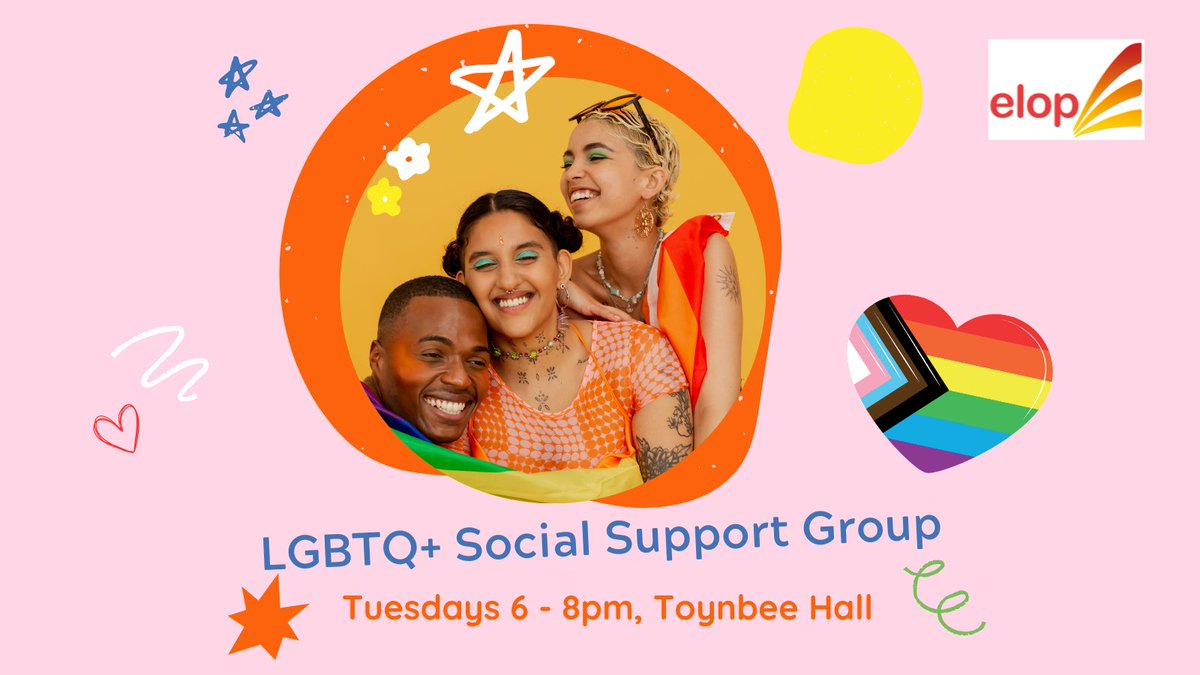 ๐ณ๏ธโ๐elop LGBT mental health and wellbeing (@elop_lgbt) on Twitter photo ๐ LGBTQ+ Social Support Group ๐ฌ
Looking to connect with fellow LGBTQ+ folks and make new friends?
๐ Toynbee Hall, E1
๐
Tuesdays | โฐ 6โ8pm
๐ฉ Want to join or have questions? Email events@elop.org
#LGBTQSupport
<a href="/TowerHamletsCVS/">Tower Hamlets CVS</a> | <a href="/aktcharity/">akt</a> | <a href="/LGBTfdn/">LGBT Foundation</a> ๐ LGBTQ+ Social Support Group ๐ฌ
Looking to connect with fellow LGBTQ+ folks and make new friends?
๐ Toynbee Hall, E1
๐
Tuesdays | โฐ 6โ8pm
๐ฉ Want to join or have questions? Email events@elop.org
#LGBTQSupport
<a href="/TowerHamletsCVS/">Tower Hamlets CVS</a> | <a href="/aktcharity/">akt</a> | <a href="/LGBTfdn/">LGBT Foundation</a>