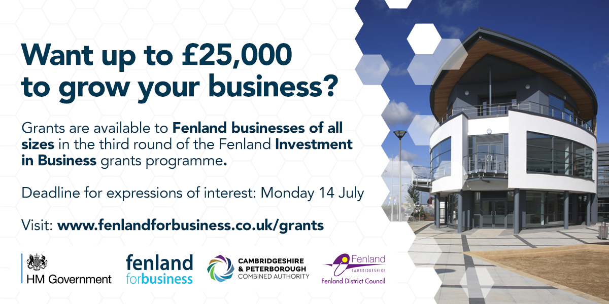 Want up to £25,000 to grow your business?

Government grants are available to Fenland businesses of all sizes to support growth &amp; boost employment. Grants for capital &amp; revenue projects.

Deadline for expressions of interest: Monday, 14 July.

Visit: fenlandforbusiness.co.uk/grants
