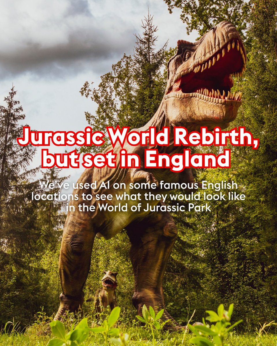 VisitEngland's tweet image. What if dinosaurs returned… to England? 👀🦖
To celebrate Jurassic World Rebirth, we used AI to imagine some of England’s landmarks in a prehistoric world.
@VisitWiltshire, @EH_Stonehenge, @VisitBristol