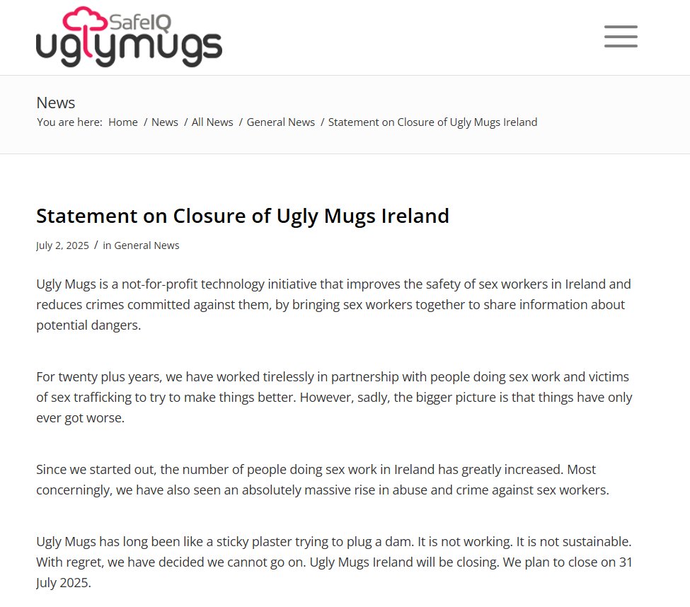 SWAIIreland's tweet image. ⚠️UGLY MUGS IRELAND IS CLOSING 31st AUGUST⚠️

The app, widely used by sex workers to keep themselves safe, is closing at the end of the month. This is one of the few safety nets sex workers in Ireland have.

uglymugs.ie/2025/07/02/sta…
