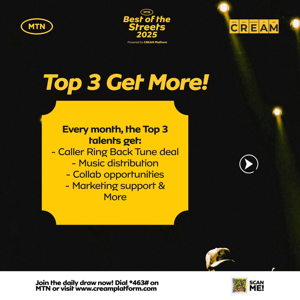 Dcreamplatform's tweet photo. Got talent? Get ₦50,000 every week.

Be in the Top 3 and enjoy CallerTune deals, collabs, marketing and a shot at the Grand Prize in December.

No long process. No stress. Just your talent.

Upload now at https://t.co/ct9LCC5PKo or dial *463# on MTN.

#CREAMPlatform #MTNBOTs https://t.co/gd3DWJdQTt