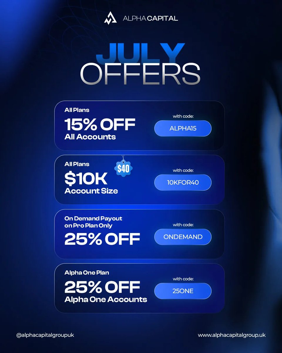 July Offers Have Landed 🚀

🔹15% off all accounts — use code ALPHA15
🔹Get a $10K account for just $40 — use code 10KFOR40
🔹25% off On-Demand Payout (Pro Plan only) — use code ONDEMAND
🔹25% off Alpha One accounts — use code 25ONE

All offers live now🔥