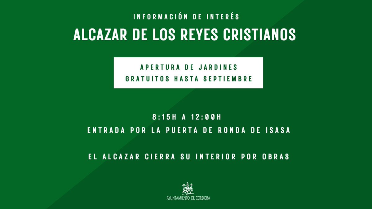 🌿 Los jardines del Alcázar de los Reyes Cristianos se abren de forma gratuita hasta septiembre.
🕗 Horario: de 08:15 a 12:00 h
🚪 Entrada libre por Ronda de Isasa
El interior del monumento permanecerá temporalmente cerrado por obras de mejora.
#AyuntamientodeCórdoba