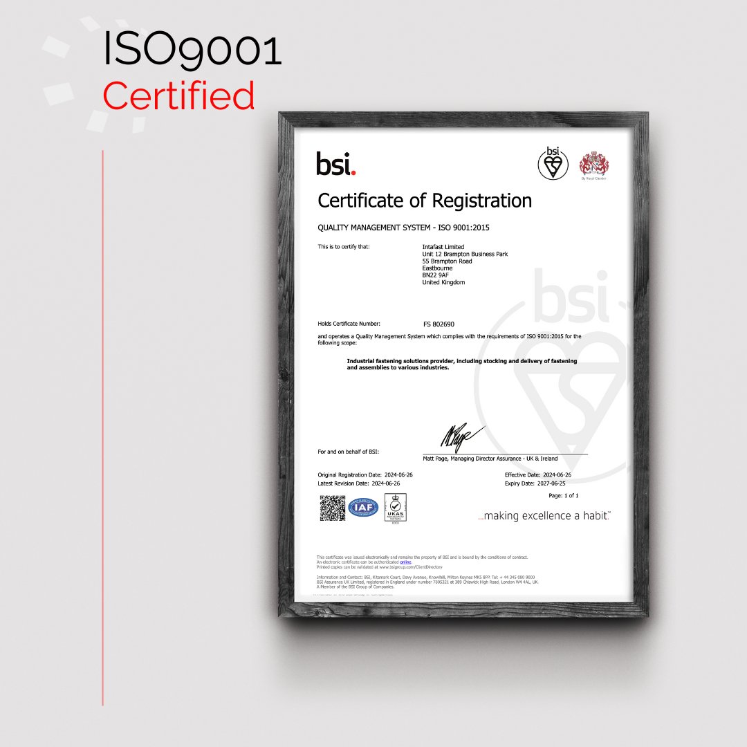 Intafast's tweet image. Our quality management system is #ISO9001 certified, ensuring international standards are met on every order.

We provide a transparent audit trail for every #component, from full product #traceability to on-demand material and conformity certifications. 

#EngineeringUK #UKEng