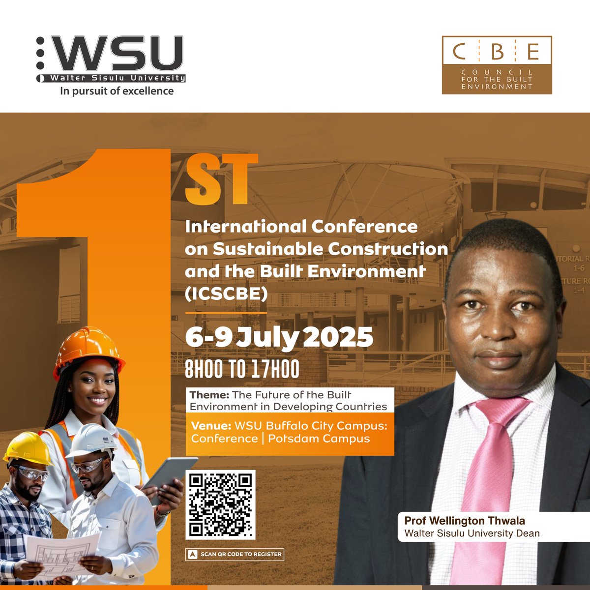 Council for the Built Environment (@cbe_rsa) on Twitter photo Prof. Wellington Thwala, Dean at <a href="/WalterSisuluUni/">Walter Sisulu University</a> - FEBEIT, is the host and will inaugurate the upcoming 1st International Conference on Sustainable Construction and the Built Environment (ICSCBE).
📅 Dates: 6–9 July 2025
🕗 Time: 08:00 – 17:00 Prof. Wellington Thwala, Dean at <a href="/WalterSisuluUni/">Walter Sisulu University</a> - FEBEIT, is the host and will inaugurate the upcoming 1st International Conference on Sustainable Construction and the Built Environment (ICSCBE).
📅 Dates: 6–9 July 2025
🕗 Time: 08:00 – 17:00