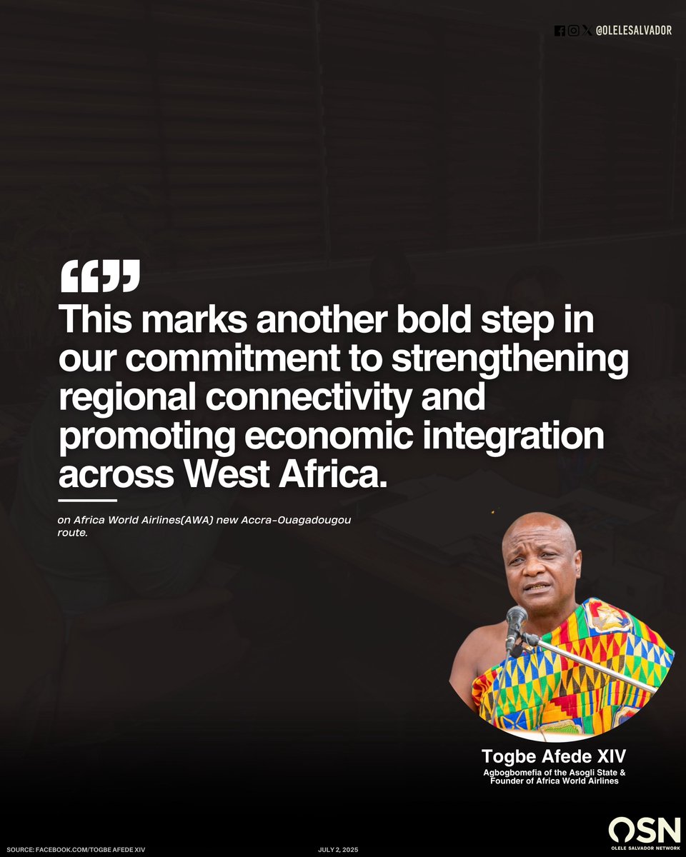 Ölele | Building OSN (@olelesalvador) on Twitter photo 🚨ICYMI🇬🇭✈️🇧🇫: Ghanaian-owned Africa World Airlines(<a href="/flyafricaworld/">Africa World Airlines</a>) has launched a new route to Ouagadougou, Burkina Faso, deepening West African air travel & trade!
AWA founder, Togbe Afede XIV & Roads Min. Hon Agbodza led the milestone celebration at the capital’s airport. 🚨ICYMI🇬🇭✈️🇧🇫: Ghanaian-owned Africa World Airlines(<a href="/flyafricaworld/">Africa World Airlines</a>) has launched a new route to Ouagadougou, Burkina Faso, deepening West African air travel & trade!
AWA founder, Togbe Afede XIV & Roads Min. Hon Agbodza led the milestone celebration at the capital’s airport.