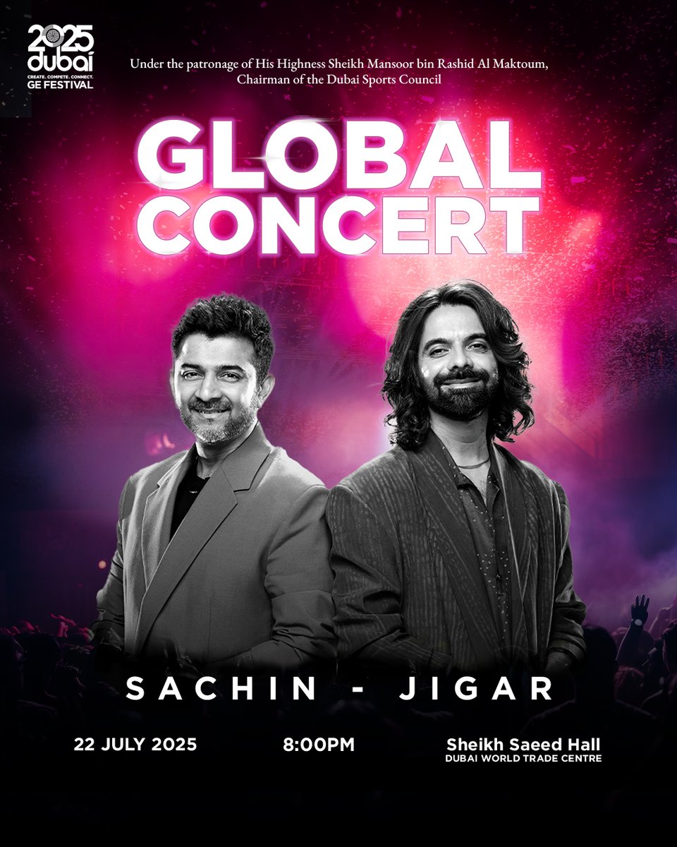 ✨The magic is calling — will you be there? 

🎶Don’t miss a spectacular evening of music with the legendary Sachin-Jigar and other artists at The #GlobalConcert on 22 July 2025. 

#GEFestival2025 #GlobalEncounters #LetsGoDubai