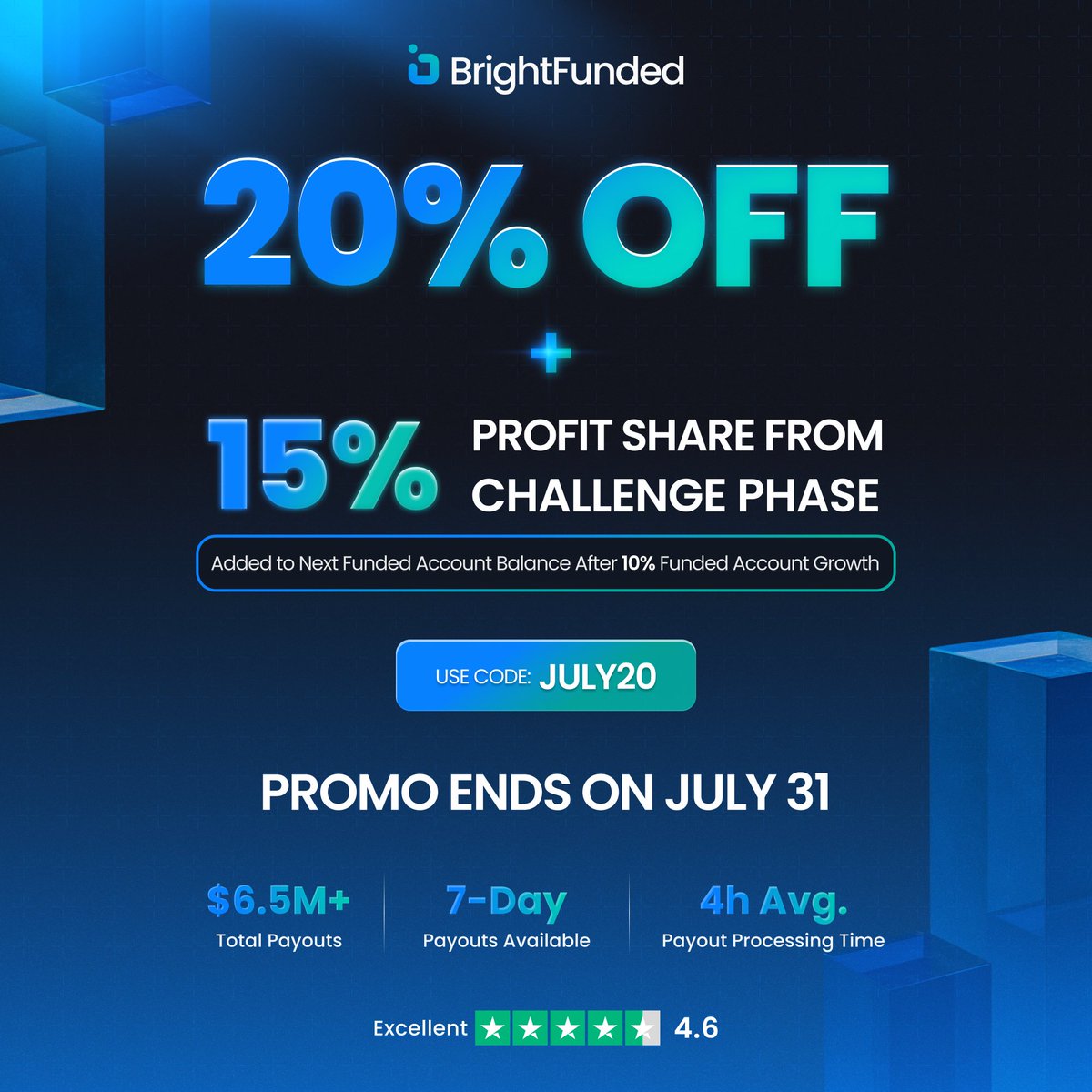 BrightFunded's tweet image. JULY’S PROMO
Enjoy July’s Summer Vibes – And an Extra Boost! ⛱🌊
20% OFF + 15% PROFIT SHARE FROM CHALLENGE PHASE
Use Code "JULY20" for 20% OFF and grab a 15% Profit Share from the Challenge Phase! 💸
Get Funded ➡️ BrightFunded.com