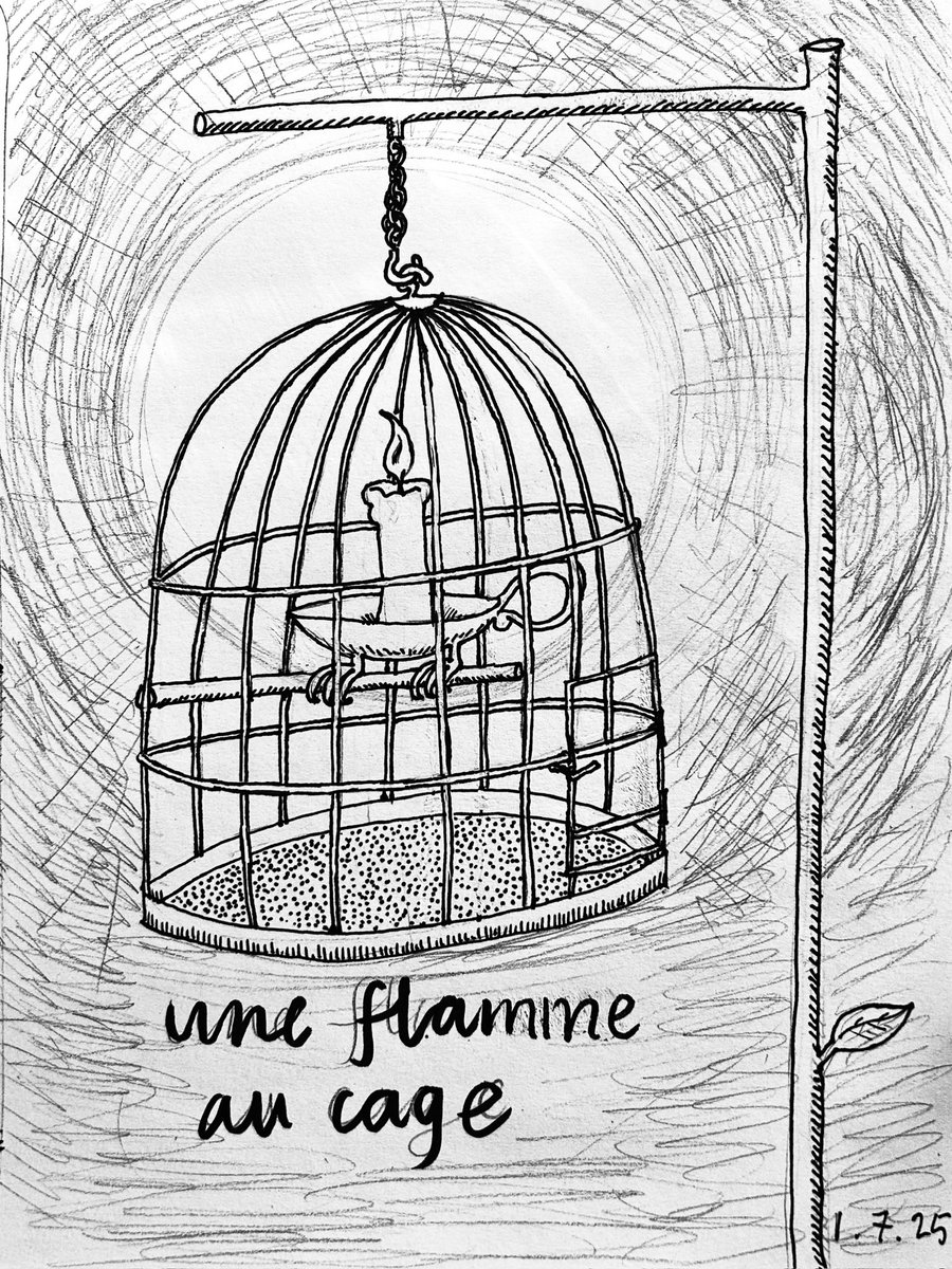 billherbert's tweet image. Compelled by the power of the #Spoonerism to engage in #BadDrawing, and momentarily deluded by the thought that there might be an #AlphabetOfSpooner, here is F: ‘une flamme au cage’