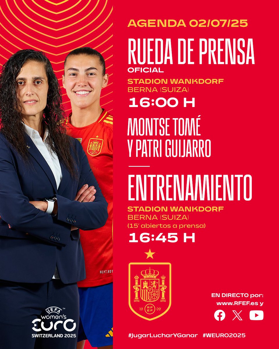 Spanish Football (@spainisfootball) on Twitter photo ๐ฃ๏ธ <a href="/Patri8Guijarro/">Patri Guijarro</a> and <a href="/montse_tome/">Montse Tome</a> are set to appear at our first #WEURO2025 ๐ฝ๐ฟ๐ฒ-๐บ๐ฎ๐๐ฐ๐ต press conference.
#JugarLucharYGanar ๐ฃ๏ธ <a href="/Patri8Guijarro/">Patri Guijarro</a> and <a href="/montse_tome/">Montse Tome</a> are set to appear at our first #WEURO2025 ๐ฝ๐ฟ๐ฒ-๐บ๐ฎ๐๐ฐ๐ต press conference.
#JugarLucharYGanar