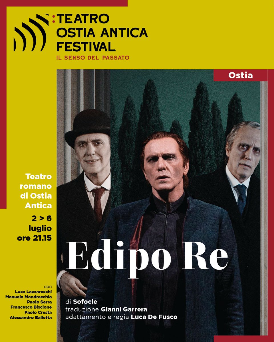 Debutta al Teatro Ostia Antica Festival "Edipo Re" con la regia di Luca De Fusco. Una rilettura in chiave “thriller” psicoanalitica del classico di Sofocle, nella quale i personaggi esplorano temi come l’identità, la colpa e il destino. teatrodiroma.net