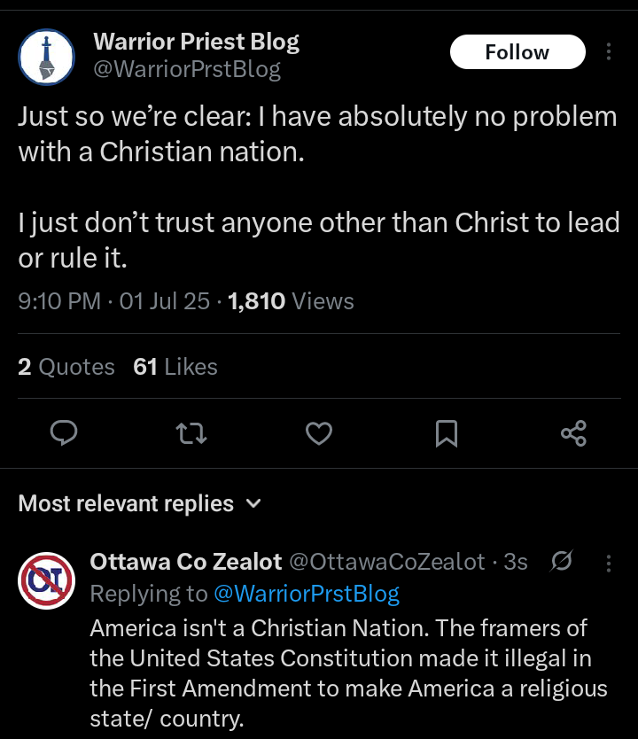 Christian Nationalists can't grasp the concept that the Constitution doesn't contend for any religious theology, nor does it propagate for a Religious Theocracy.