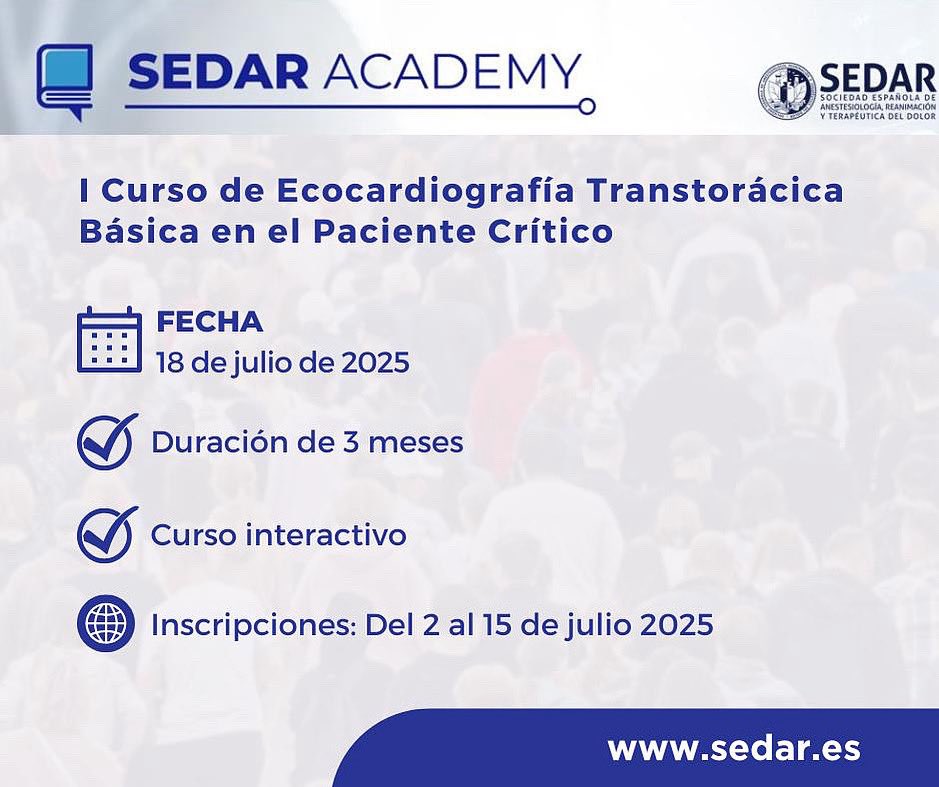 📢 Curso de Ecocardiografía Transtorácica Básica en Críticos de SEDAR Academy
 
🎓Dirigido a residentes y especialistas en Anestesia
 
✅ Modalidad online
📆 Inicio: 18 de julio 2025
📆 Duración: 3 meses
 
Inscripciones disponibles del 2 al 15 de julio: bit.ly/3Z4PzzM