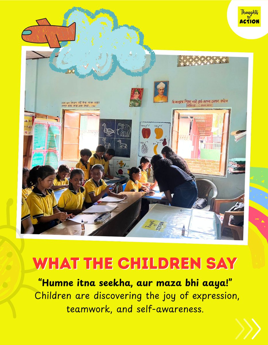 t2action_org's tweet photo. 100 schools. 30 young facilitators. Endless joy. 🌞
Our summer camps across Assam are in full swing! Children are learning through art, stories &amp; games - led by college students we trained.

#ThoughtsToAction #YouthLeadership #SummerCamp2025 #ArtForChange #EducationMatters https://t.co/RiVG2aDrer