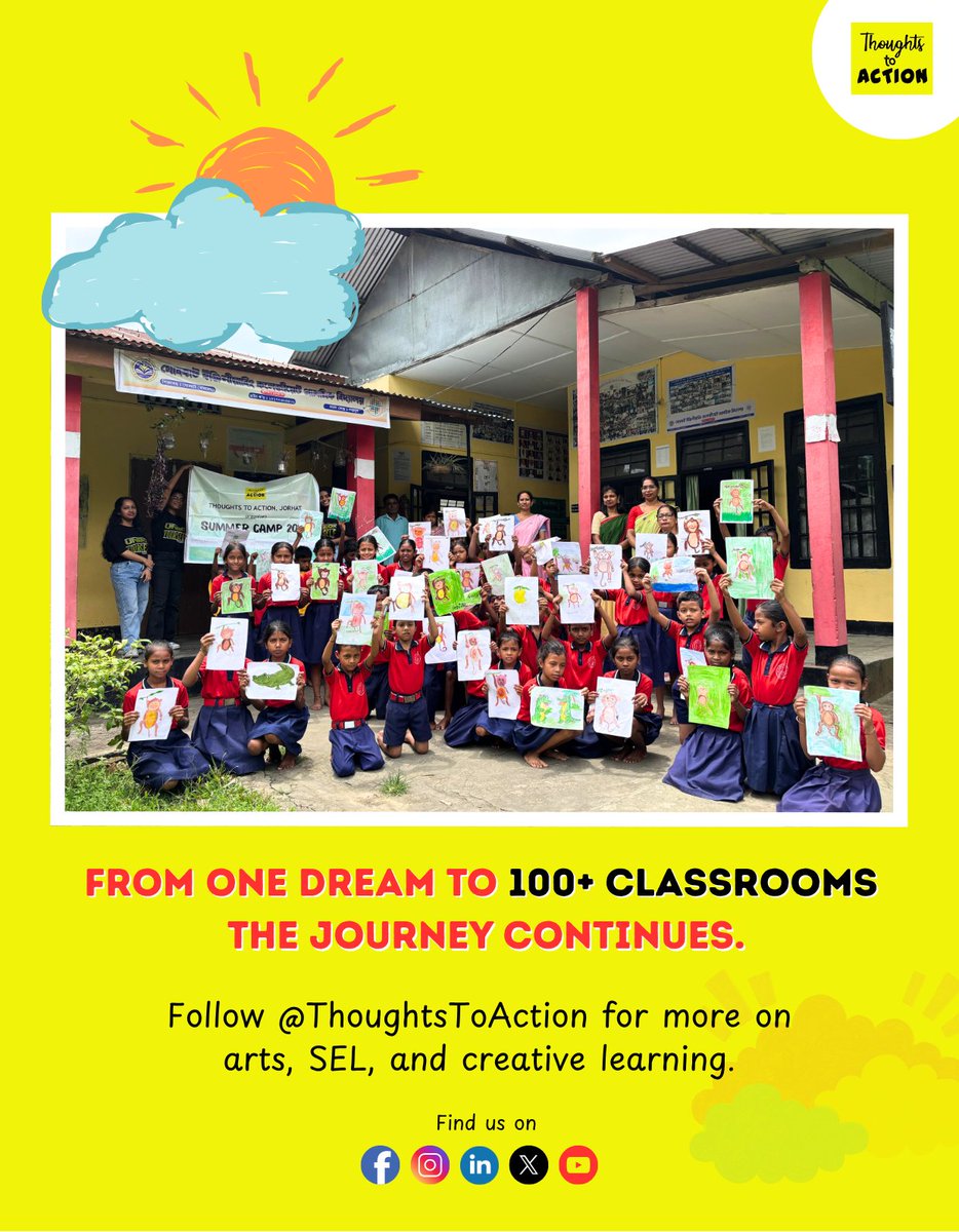 t2action_org's tweet photo. 100 schools. 30 young facilitators. Endless joy. 🌞
Our summer camps across Assam are in full swing! Children are learning through art, stories &amp; games - led by college students we trained.

#ThoughtsToAction #YouthLeadership #SummerCamp2025 #ArtForChange #EducationMatters https://t.co/RiVG2aDrer