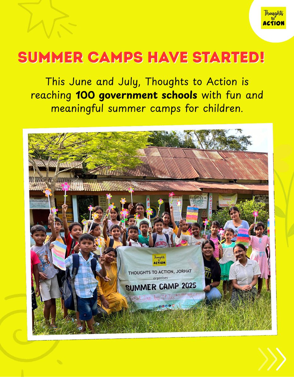t2action_org's tweet photo. 100 schools. 30 young facilitators. Endless joy. 🌞
Our summer camps across Assam are in full swing! Children are learning through art, stories &amp; games - led by college students we trained.

#ThoughtsToAction #YouthLeadership #SummerCamp2025 #ArtForChange #EducationMatters https://t.co/RiVG2aDrer