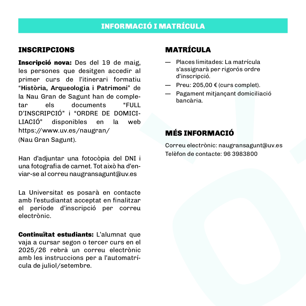 🏛️Oberta la preinscripció de 𝐍𝐚𝐮 𝐆𝐫𝐚𝐧 𝐚 𝐒𝐚𝐠𝐮𝐧𝐭 per al curs 2025-2026. Itinerari formatiu 'Història, Arqueologia i Patrimoni'

🗓️Del 30/09 al 18/12 i del 03/02 al 21/05
⏰Dimarts i dijous, de 16h a 19h
📍Centre Cultural Mario Monreal
💶205€
📝ir.uv.es/GS2IqQ6
