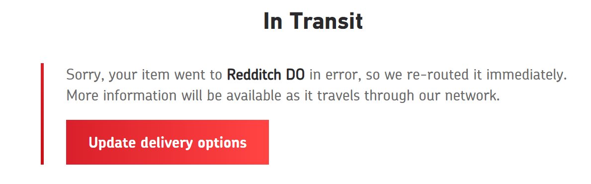 BeUndefxned's tweet photo. Got to love @RoyalMail sat in waiting for a delivery, check the tracking and instead of sending it the last 30 miles to my local depot they've sent it 170 miles in the opposite direction! No update email or anything, if I hadn't checked tracking I'd be sat here all day 😂 https://t.co/N5eVaQYzuL