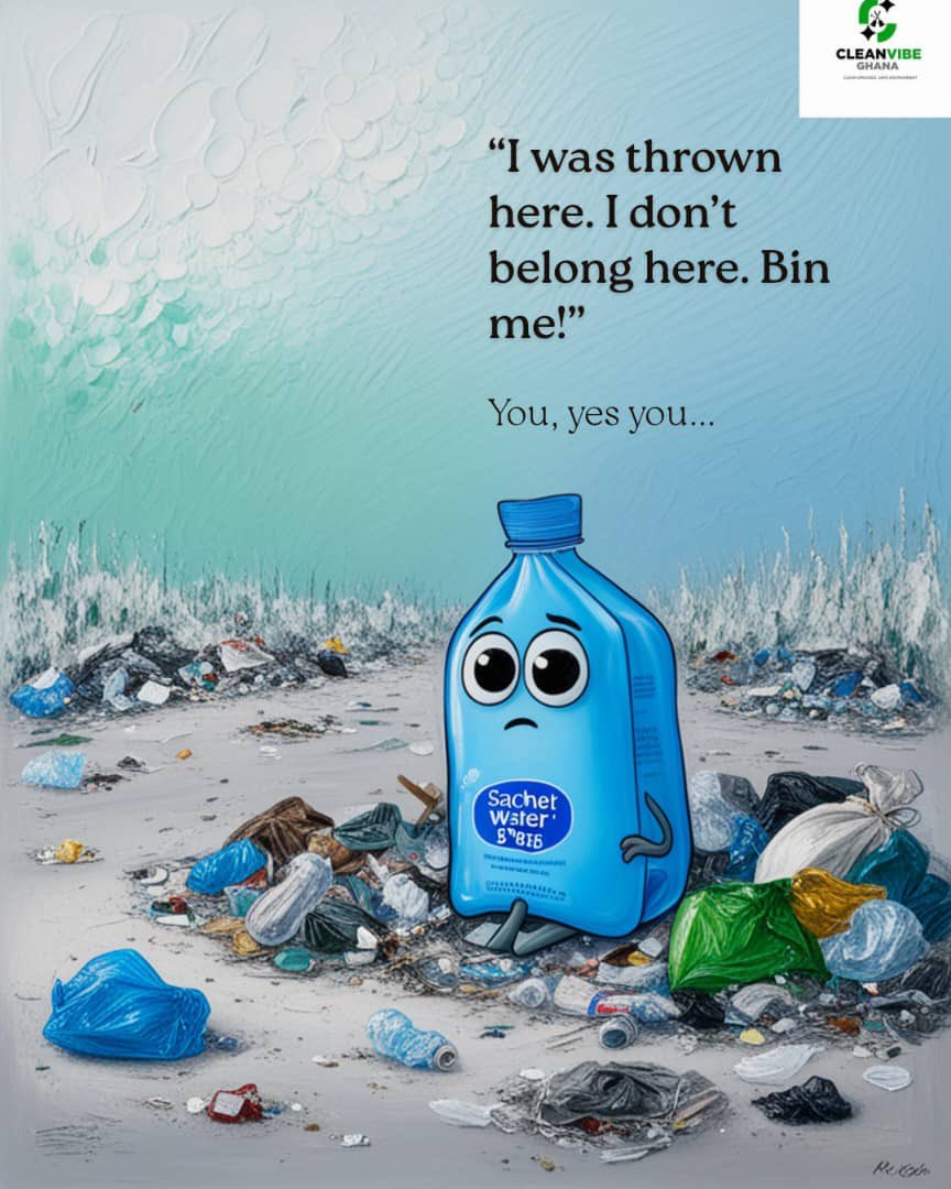 CleanvibeG's tweet photo. Let’s stop treating our streets like trash cans.
That sachet water waste you drop today becomes tomorrow’s pollution.
💧 Be responsible.
♻️ Keep Ghana clean.
#CleanVibeGhana #WasteNot #BinItRight #PlasticPollution #KeepGhanaClean https://t.co/1cIgKgut8y
