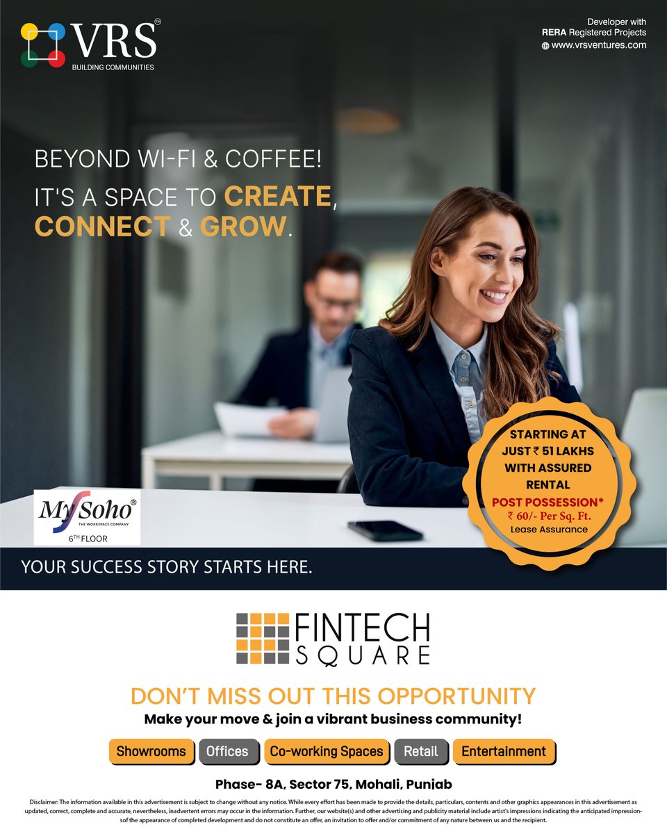 FintechSquare's tweet photo. It’s a space to connect, create, and grow.
Co-working spaces at Fintech Square, Mohali — starting at just ₹51 Lakhs with Assured Rental.
💼 My SOHO is already locked in on the 6th Floor. Where’s yours?

#VRSGroup #FintechSquare #Coworking #InvestSmart #SOHO #AssuredReturns https://t.co/YOjnKVDTyj