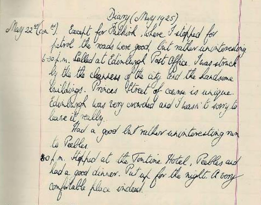 OldEdinClub's tweet image. Impressions of Edinburgh from the tour logbook of a young motorcyclist in 1925: &quot;cleanness ... handsome buildings ... very crowded&quot;

This page is extracted from the logbook of a tour of Scotland by a young motorcyclist, Jack Gordon Winchester from Didsbury, in May 1925.

The…