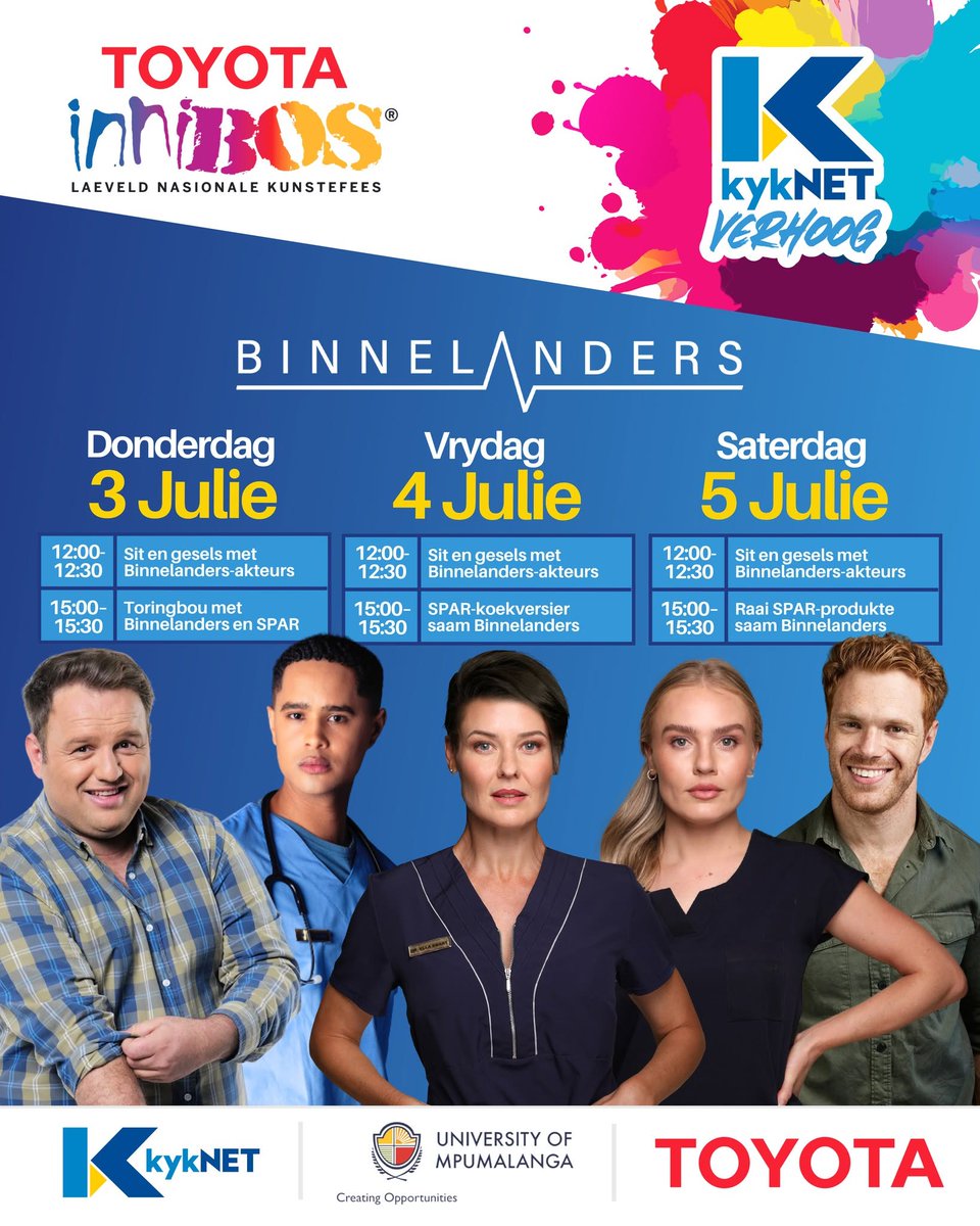 BinnelandersTV's tweet photo. Sien ons jou by @Innibosfees?🥳
@kykNETtv #Binnelanders https://t.co/glJyDTliFV