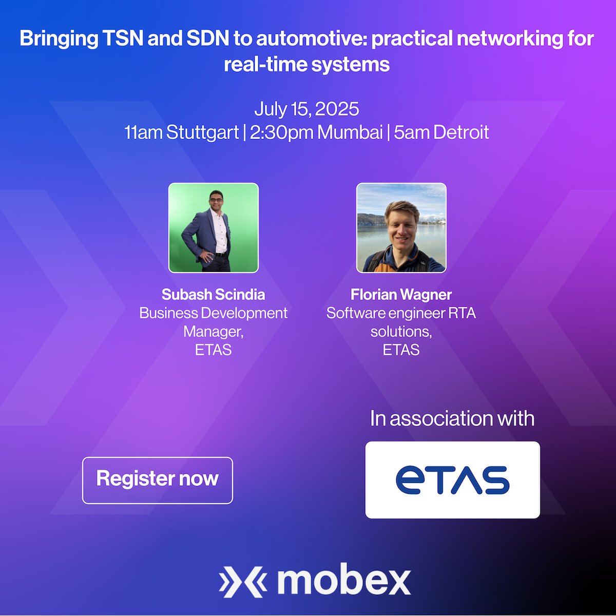 Live webinar: Bringing TSN and SDN to automotive: practical networking for real-time systems by ETAS. July 15, 2025 11am Stuttgart | 2:30pm Mumbai | 5am Detroit. Register free: tinyurl.com/mr474asn