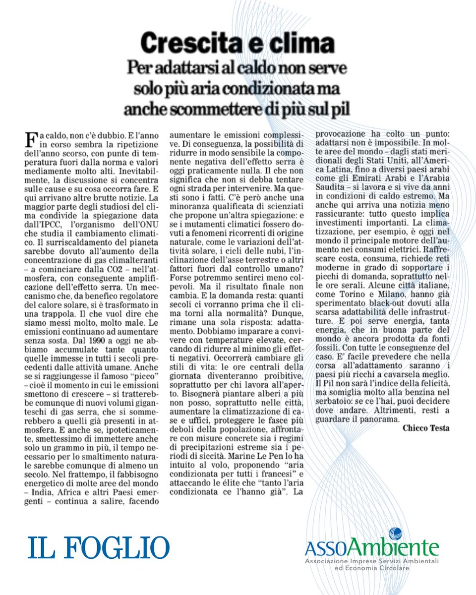 Assoambiente (@assoambiente) on Twitter photo #RassegnaStampa
Adattarsi al clima che cambia significa investire meglio.
Nel suo intervento su Il Foglio, il Presidente <a href="/chiccotesta/">chicco testa</a> riflette sul legame tra transizione ecologica, capacità di adattamento e crescita economica.
Non basta ridurre le emissioni: servono #RassegnaStampa
Adattarsi al clima che cambia significa investire meglio.
Nel suo intervento su Il Foglio, il Presidente <a href="/chiccotesta/">chicco testa</a> riflette sul legame tra transizione ecologica, capacità di adattamento e crescita economica.
Non basta ridurre le emissioni: servono