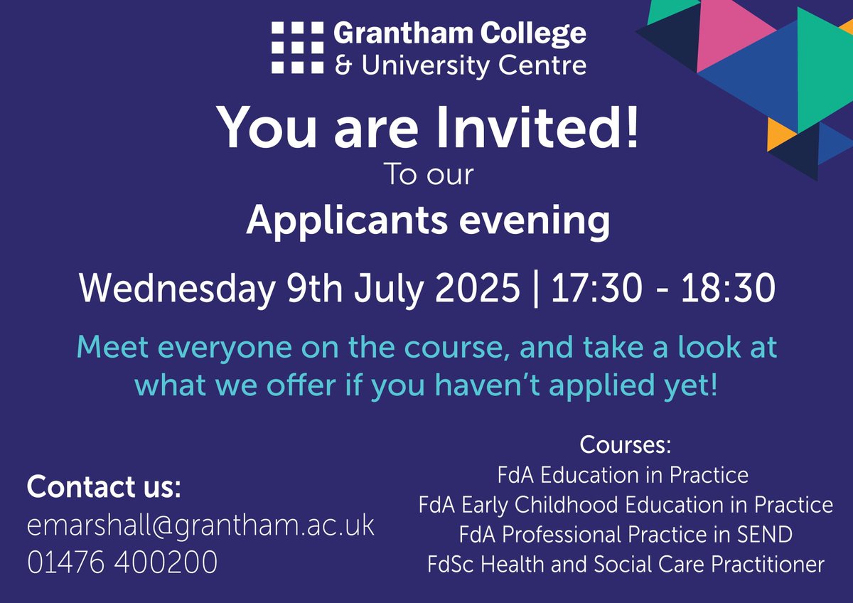 Grantham College & University Centre (@granthamcollege) on Twitter photo We're hosting an Applicants Evening for our Foundation Degree courses next Wednesday 9th July between 17.30-18.30. For more info you can visit our website: buff.ly/8eJ6tR4, or contact Emma at emarshall@grantham.ac.uk
We look forward to seeing you! We're hosting an Applicants Evening for our Foundation Degree courses next Wednesday 9th July between 17.30-18.30. For more info you can visit our website: buff.ly/8eJ6tR4, or contact Emma at emarshall@grantham.ac.uk
We look forward to seeing you!