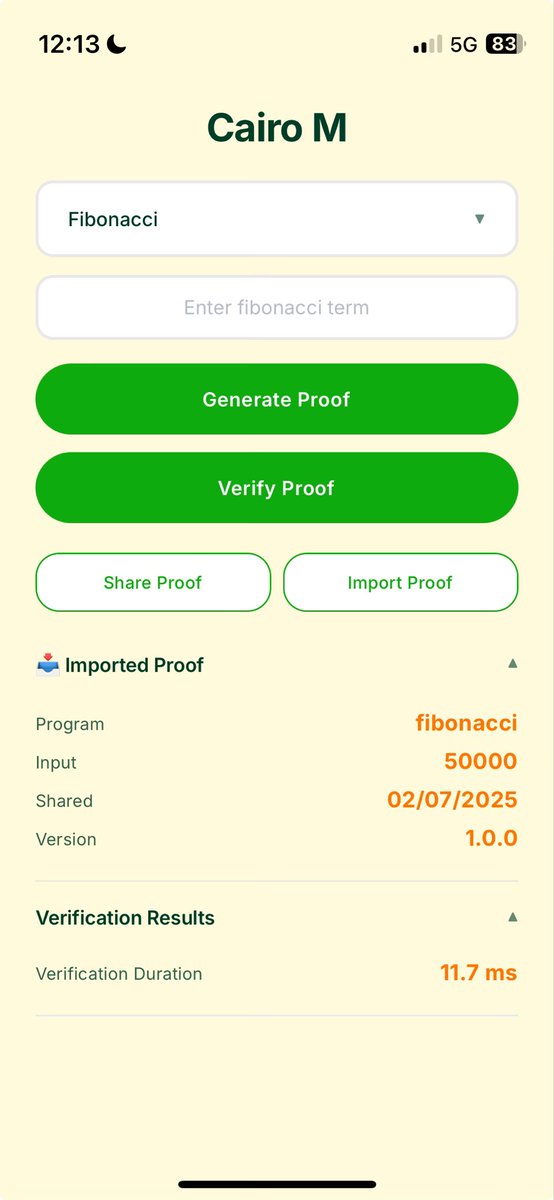 ClementWalter's tweet image. Completely sick new feature for CairoM: p2p proof sharing and verification
Generate locally
Airdrop the proof
Verify elsewhere
No intermediate, no server, no cluster
Just p2p zk proof, as it should be
Wen fib war on @hyli_org ?