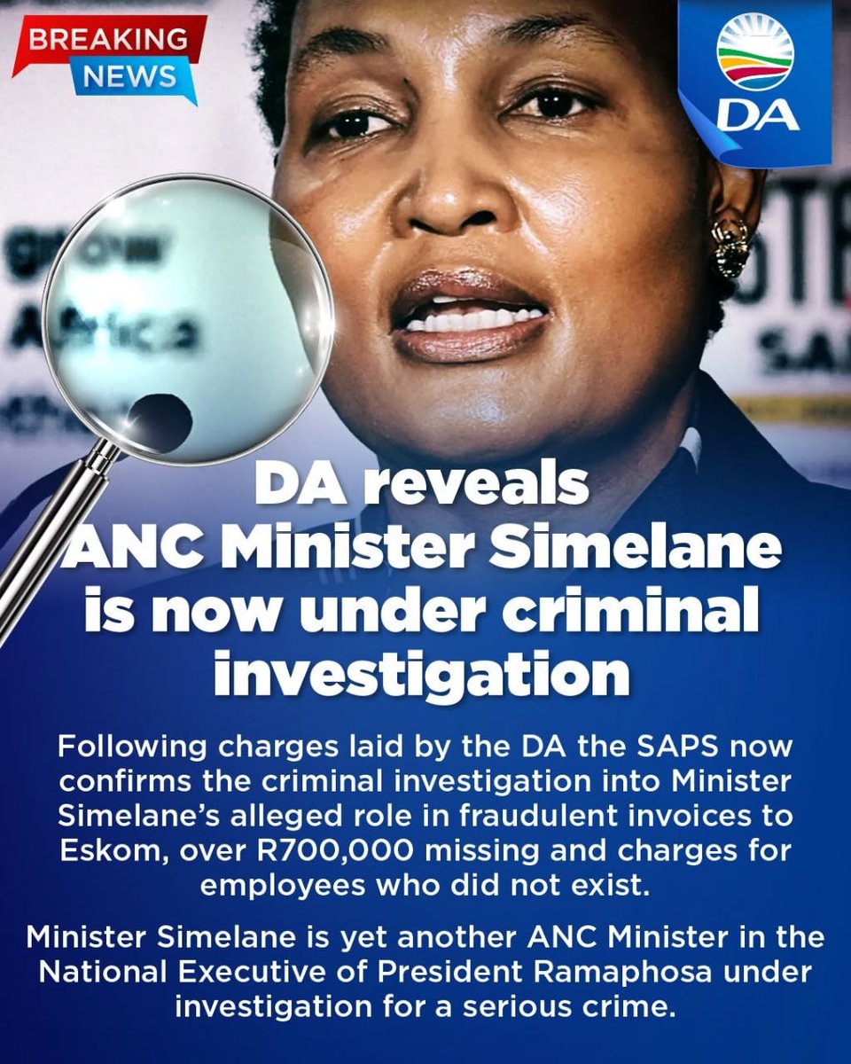⚖️ Following charges laid by the DA the SAPS now confirms the criminal investigation into ANC Minister Thembi Simelane's alleged role in fraudulent invoices to Eskom.

She also has a case to answer for her involvement in the VBS Bank scandal. President Ramaphosa must fire her!