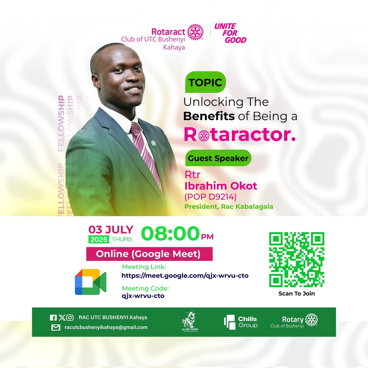 RAC. UTC BUSHENYI KAHAYA (@racutc) on Twitter photo As the new year takes shape, join us for an evening of learning and mentorship as we unlock the benefits of being a rotaractor with <a href="/Ibrahimokot1/">Ibrahimokot</a> as our guest speaker.
Fellowship is there tomorrow (3rd July) at 8:00pm don't miss As the new year takes shape, join us for an evening of learning and mentorship as we unlock the benefits of being a rotaractor with <a href="/Ibrahimokot1/">Ibrahimokot</a> as our guest speaker.
Fellowship is there tomorrow (3rd July) at 8:00pm don't miss