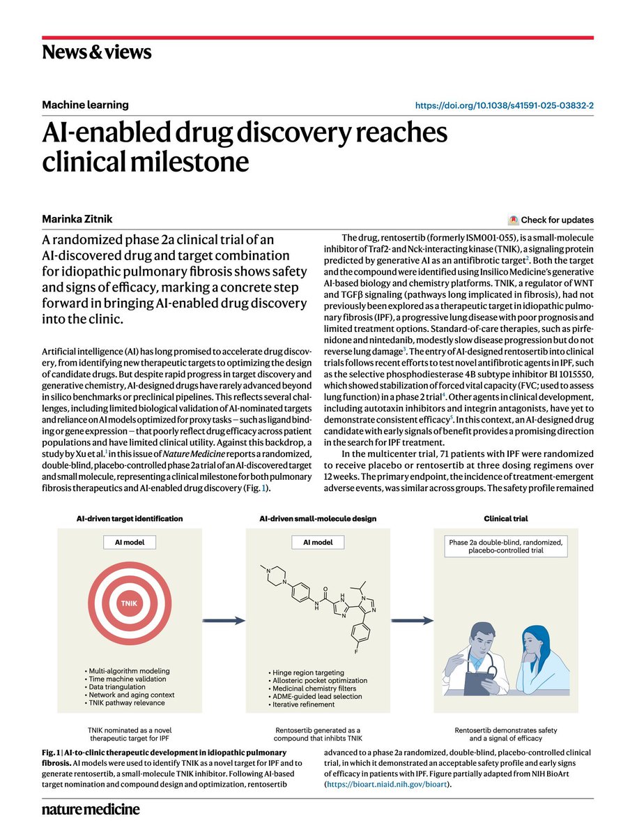 PrevisitAI's tweet photo. 📢 News!  AI-enabled drug discovery reaches a clinical milestone 

To date, few AI-designed drug candidates have advanced beyond in silico evaluations. Now, a study published in @NatureMedicine @biogerontology reports a successful phase 2a clinical trial of rentosertib - an AI-discovered drug and target combination developed for idiopathic pulmonary fibrosis.What sets this study apart - beyond the clinical results - is the innovative upstream discovery pipeline that led to it.This trial represents a pivotal moment: it demonstrates that AI can do more than accelerate and reduce the cost of molecule generation. It can help guide discovery, de-risk development, and potentially transform the way we create new medicines.

@marinkazitnik 

@biogerontology @InSilicoMeds @HarvardDBMI
@harvard_data @KempnerInst @broadinstitute