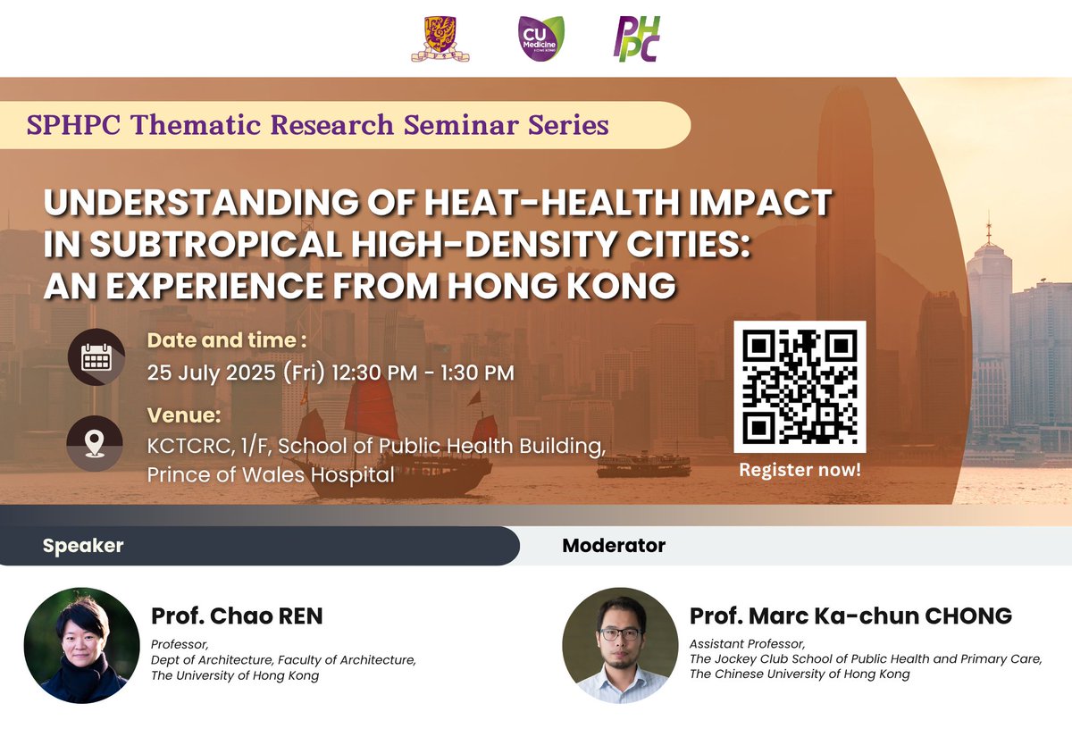 CUHK JC School of Public Health and Primary Care (@cuhksphpc) on Twitter photo Join us this July for a seminar with ๐ฃ๐ฟ๐ผ๐ณ. ๐๐ต๐ฎ๐ผ ๐ฅ๐๐ก ๐ณ๐ฟ๐ผ๐บ ๐๐ฒ๐ฝ๐ ๐ผ๐ณ ๐๐ฟ๐ฐ๐ต๐ถ๐๐ฒ๐ฐ๐๐๐ฟ๐ฒ, ๐๐๐จ on how city design can affect health in hot, dense urban areas like HK.
Register now: bit.ly/46mFemT
#CUHK #PublicHealth #PrimaryCare #HeatResilience Join us this July for a seminar with ๐ฃ๐ฟ๐ผ๐ณ. ๐๐ต๐ฎ๐ผ ๐ฅ๐๐ก ๐ณ๐ฟ๐ผ๐บ ๐๐ฒ๐ฝ๐ ๐ผ๐ณ ๐๐ฟ๐ฐ๐ต๐ถ๐๐ฒ๐ฐ๐๐๐ฟ๐ฒ, ๐๐๐จ on how city design can affect health in hot, dense urban areas like HK.
Register now: bit.ly/46mFemT
#CUHK #PublicHealth #PrimaryCare #HeatResilience