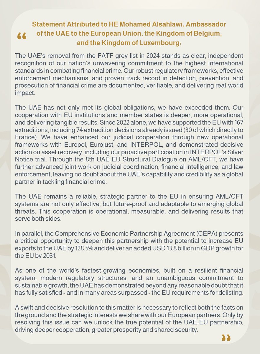 Statement by HE Alsahlawi 
acknowledges Commissioner Albuquerque’s meeting with EU MEPs and welcomes her recognition of the UAE’s progress in strengthening its AML/CFT framework and EU cooperation.