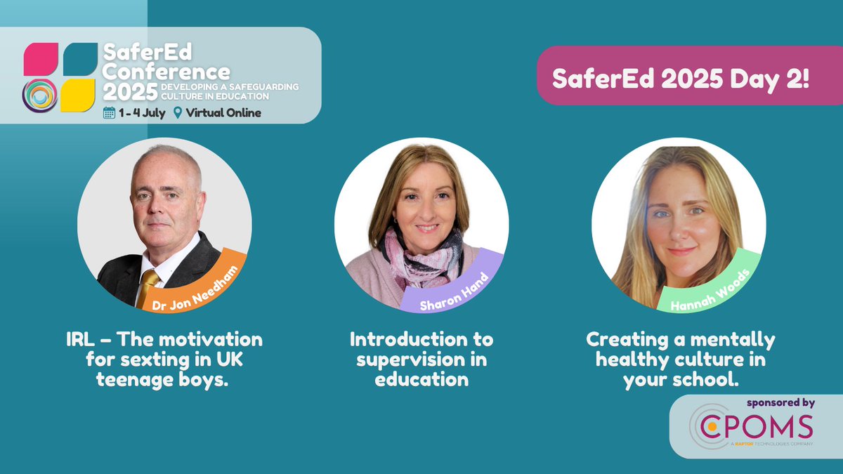 📅 Day 2 of #SaferEd2025 is underway!

We began the morning with a powerful session from Dr Jon Needham, exploring the motivations behind sexting among UK teenage boys. His research shared some striking statistics—we'll be posting key findings throughout the day.

Coming up next: