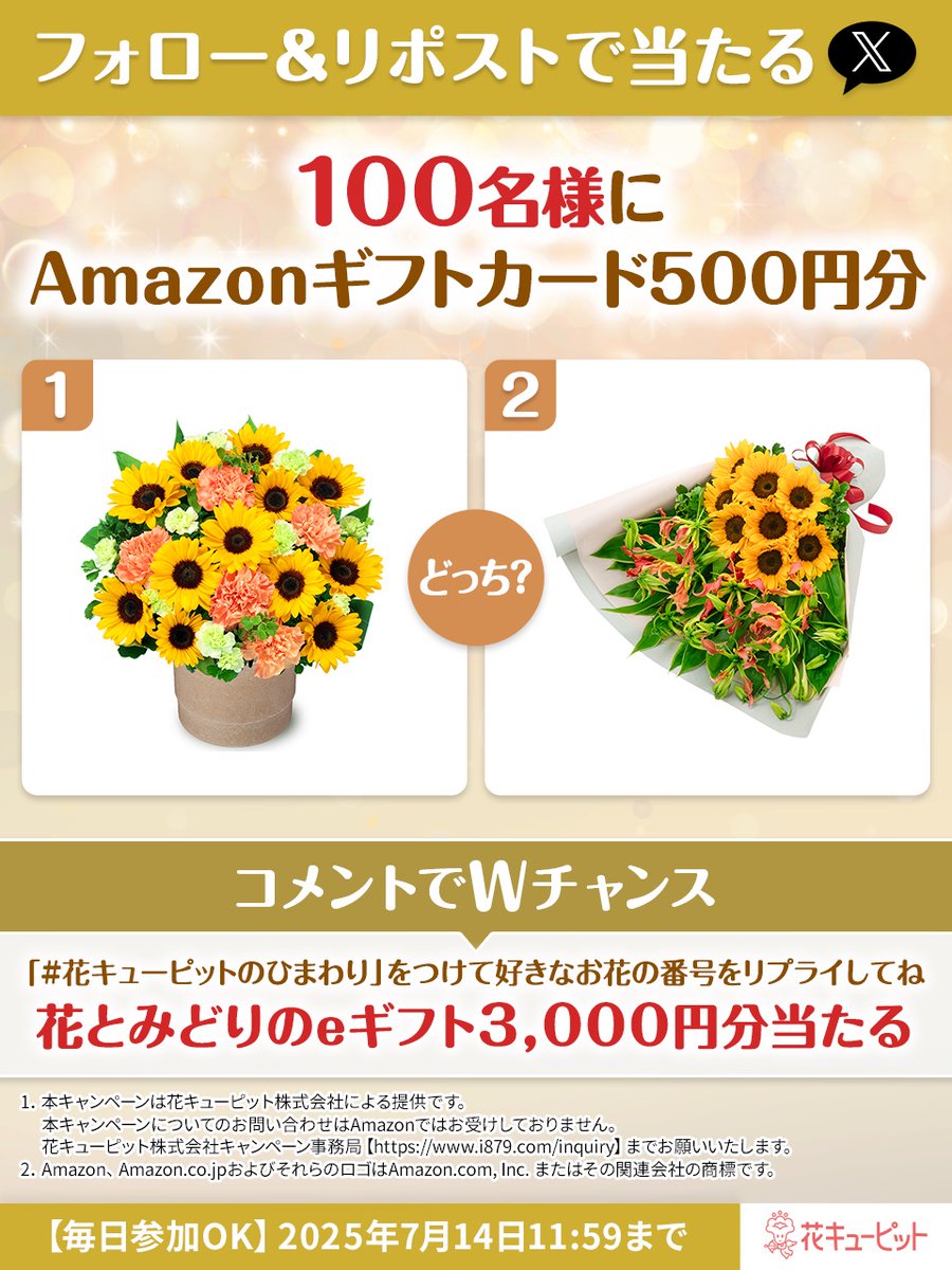 i8791's tweet photo. Amazonギフトカード500円分🎁
フォロー＆リポストで即当選

Wチャンス🎁どっちが好き？🌻
花とみどりのeギフト3000円分が当たる
【#花キューピットのひまわり】と
好きなお花の番号をリプライ📝

▼参加方法
1️⃣@i8791をフォロー
2⃣7/6 11:59迄に本投稿をリポスト
当選者に即DM https://t.co/pxanqfiKfk