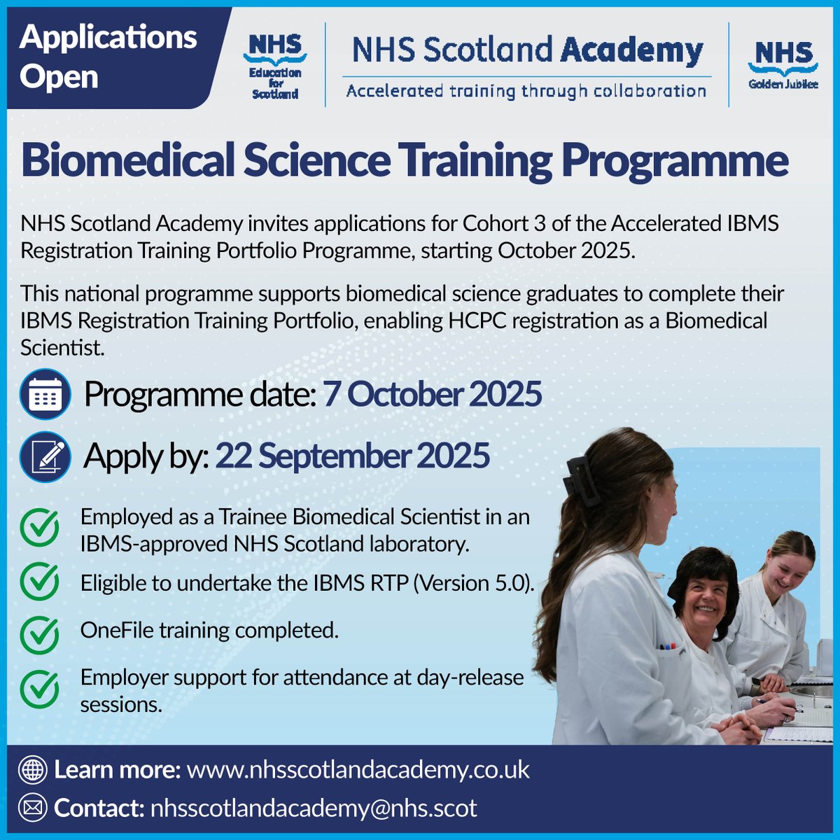 NHS Scotland Academy (@nhsscotacademy) on Twitter photo 📣We are delighted to invite applications for suitable trainees for our next cohort for our Accelerated Institute of Biomedical Science (IBMS) Registration Training Portfolio Programme.
Interested? Contact us 📷nhsscotlandacademy@nhs.scot
nhsscotlandacademy.co.uk/programmes/bio… 📣We are delighted to invite applications for suitable trainees for our next cohort for our Accelerated Institute of Biomedical Science (IBMS) Registration Training Portfolio Programme.
Interested? Contact us 📷nhsscotlandacademy@nhs.scot
nhsscotlandacademy.co.uk/programmes/bio…