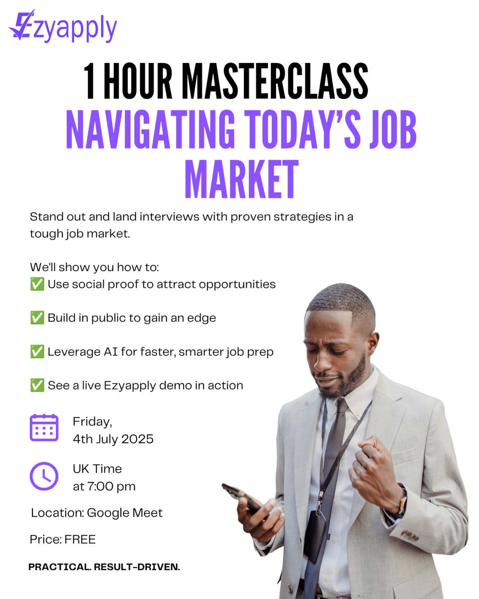 Ezy_Apply's tweet photo. 🎯 1 Hour Masterclass: Navigating Today’s Job Market

This 1-hour virtual masterclass is designed to help you reposition and stand out in a tough job market, with real strategies that work.

Struggling to land interviews or break into your next role? https://t.co/QBC9JhYQpY